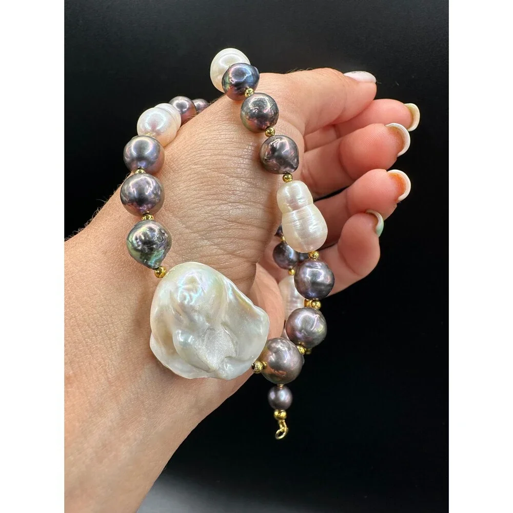 White and black mixed Edison pearl choker, 925 sterling silver gold plated